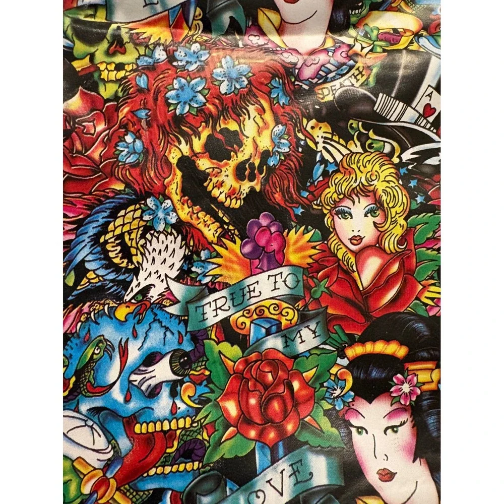 Ed Hardy‎ Christian Audigier Tattoo Print Tote Bag Geisha Skull Black Canvas Y2K